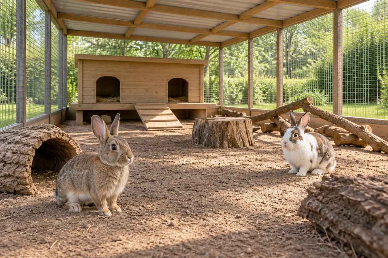 Twee konijnen in een ruim overdekt buitenverblijf met een apart houten schuildeel